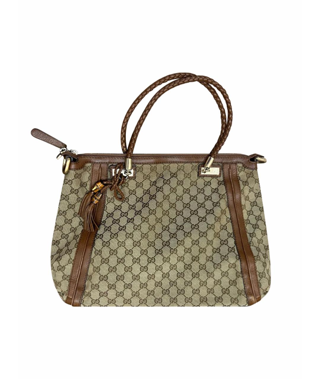 GUCCI Коричневая тканевая сумка с короткими ручками, фото 1