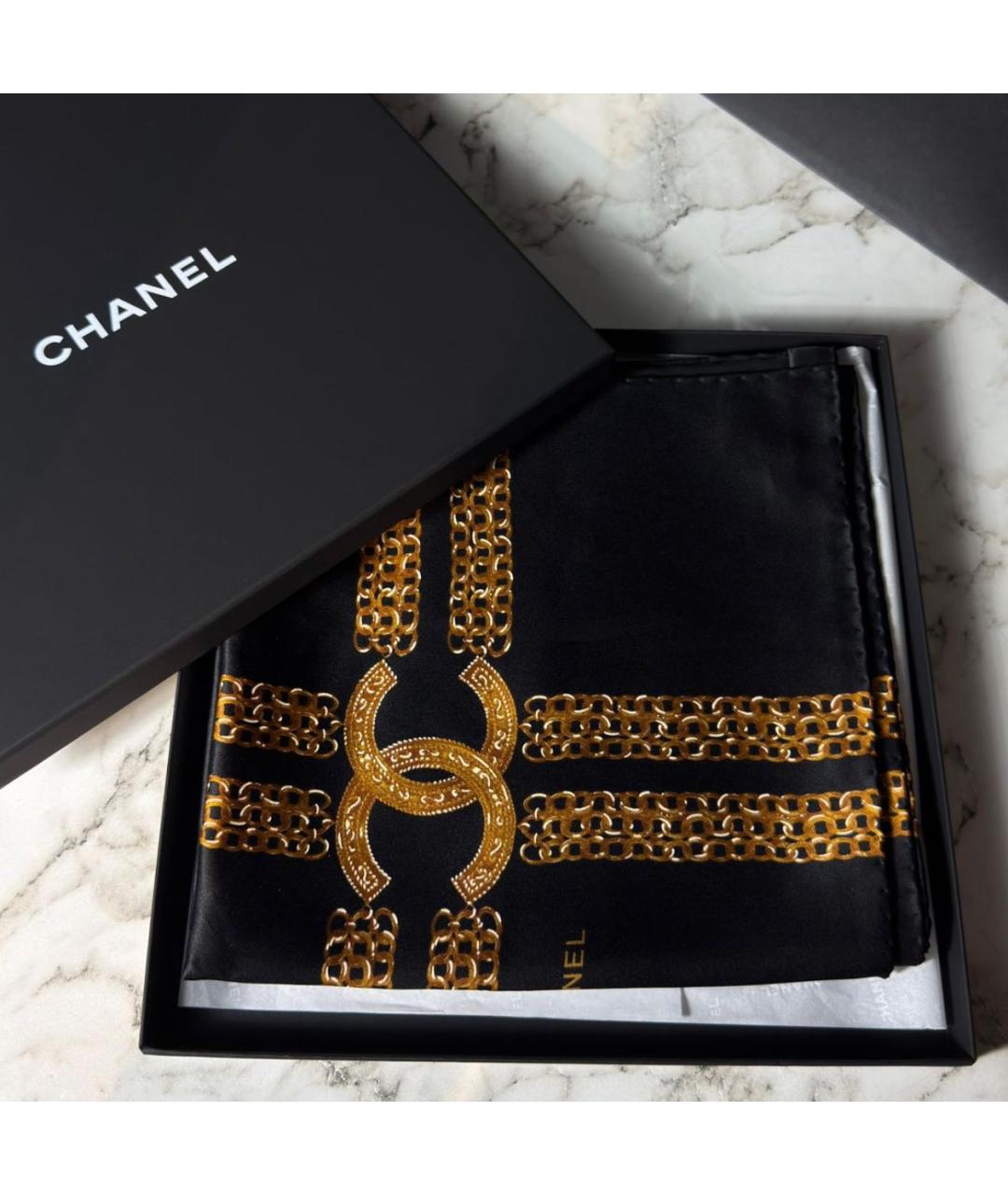 CHANEL Черный шелковый платок, фото 4