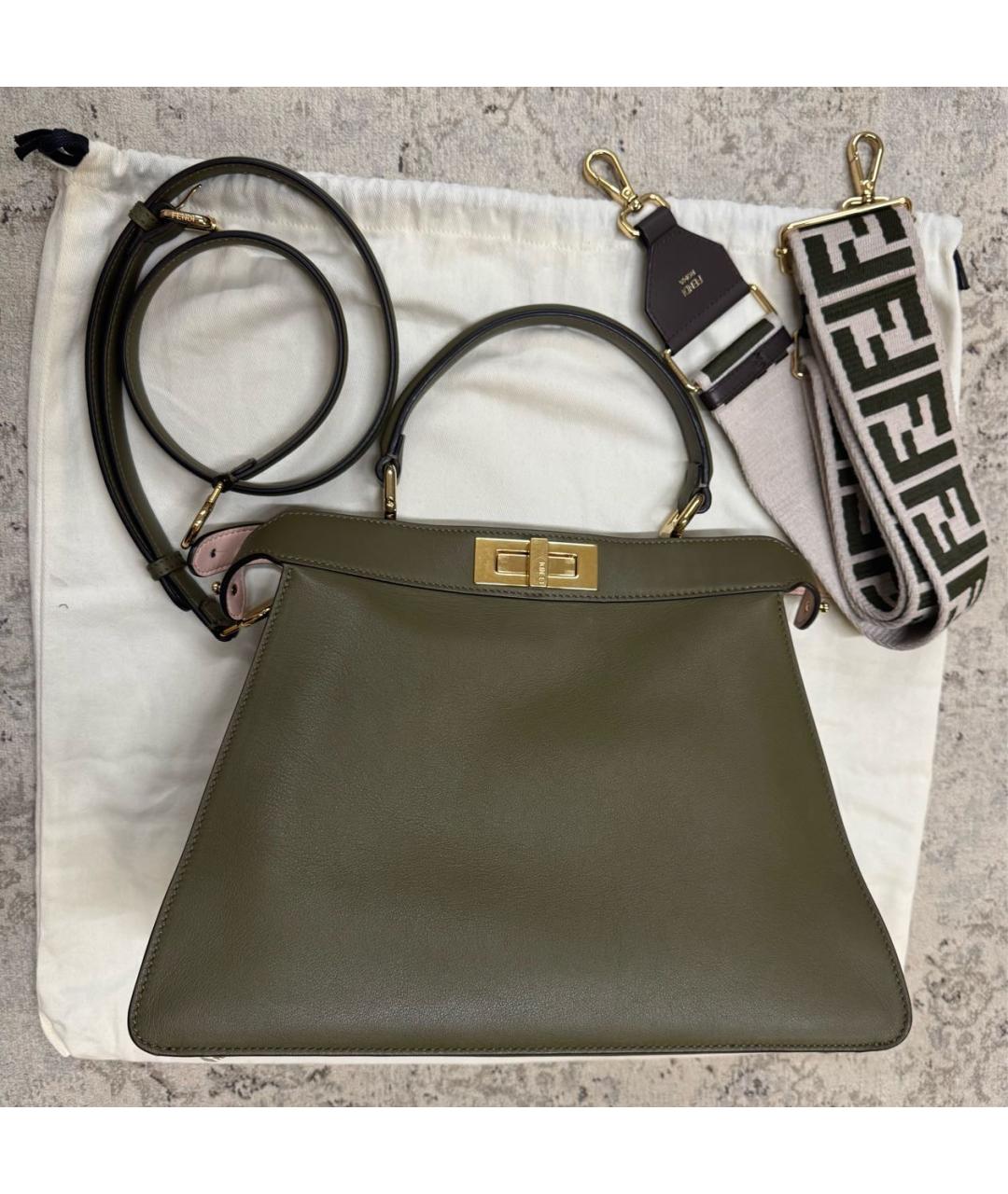 FENDI Хаки кожаная сумка с короткими ручками, фото 5