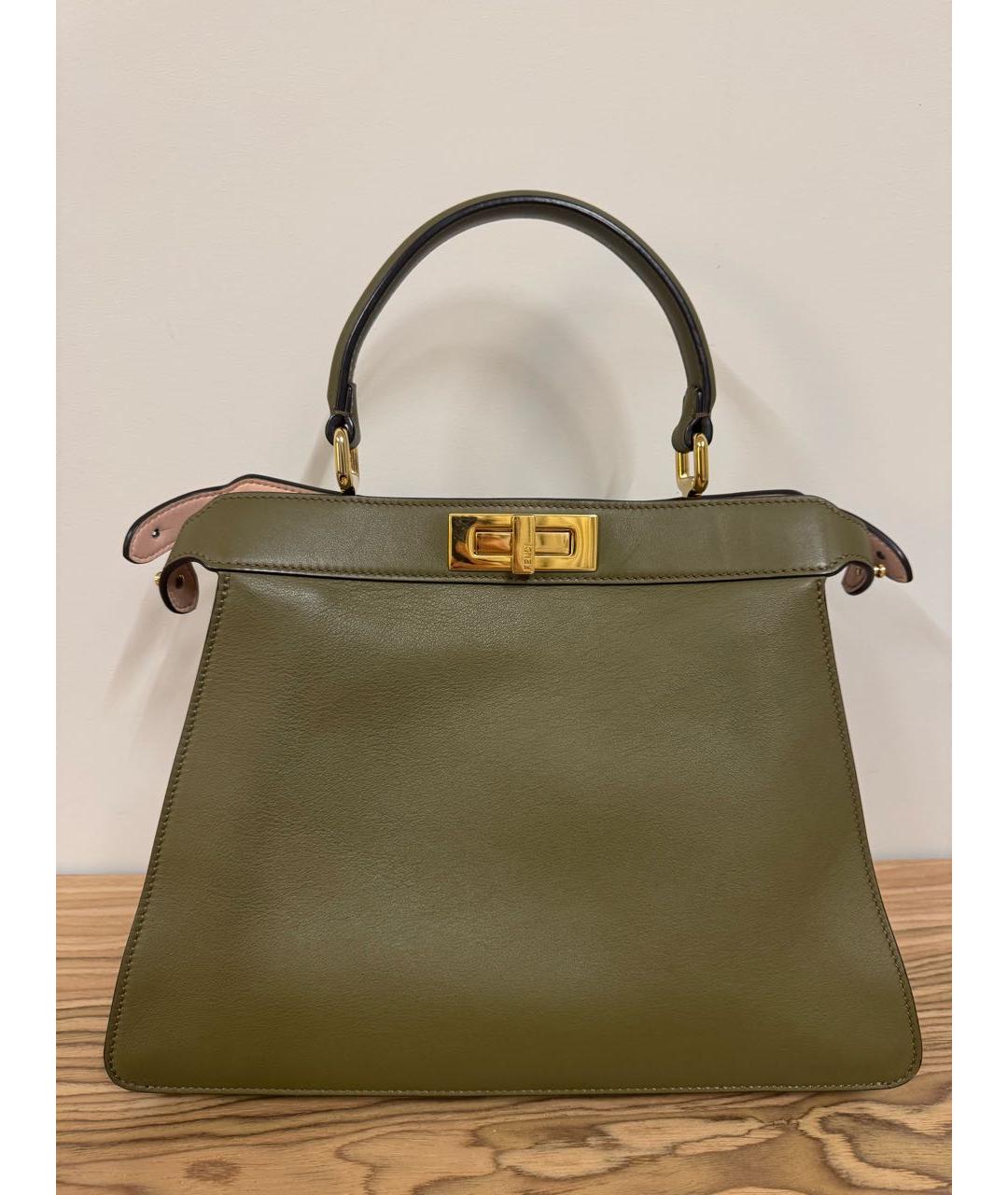 FENDI Хаки кожаная сумка с короткими ручками, фото 9