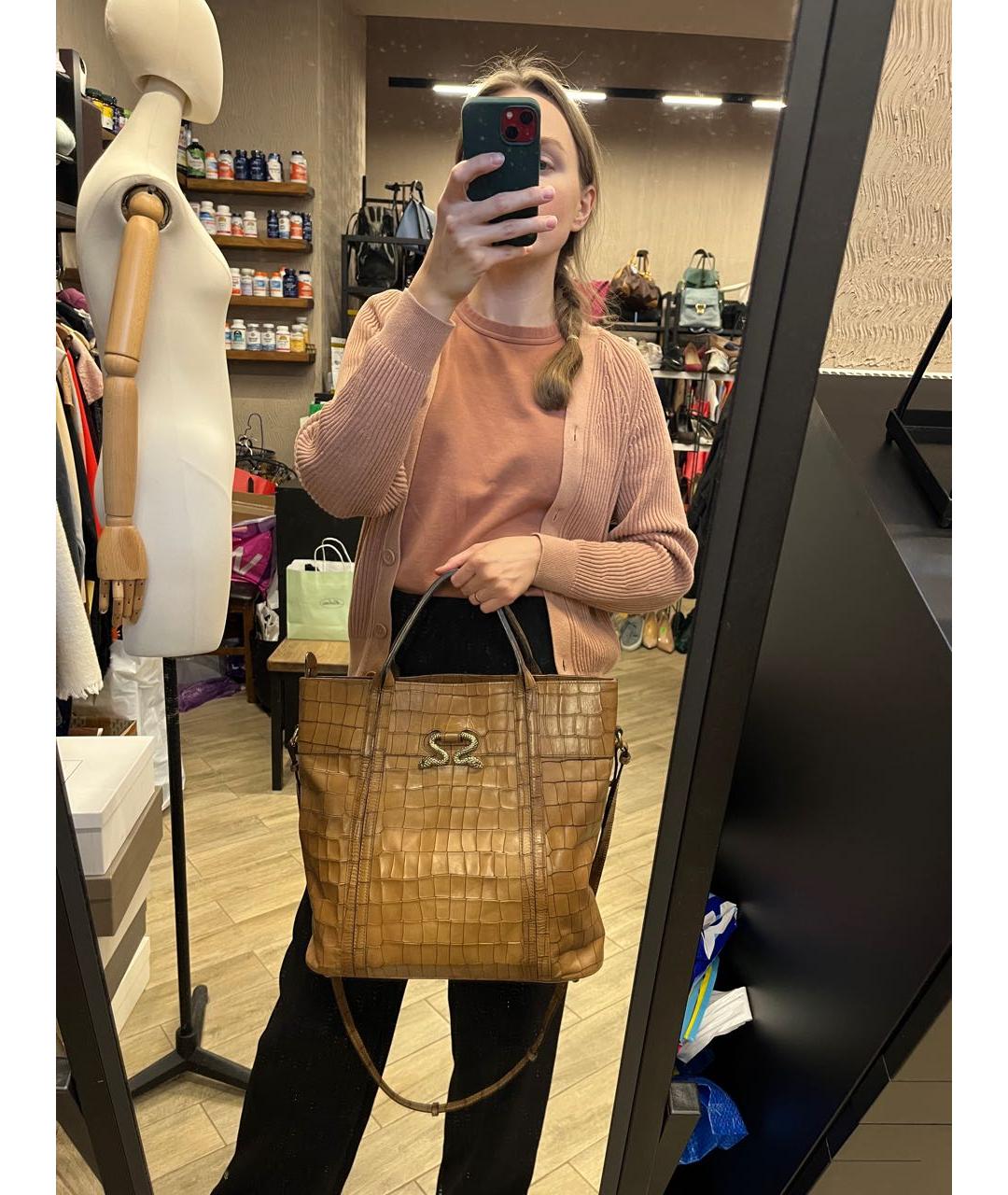 ROBERTO CAVALLI Коричневая кожаная сумка с короткими ручками, фото 2