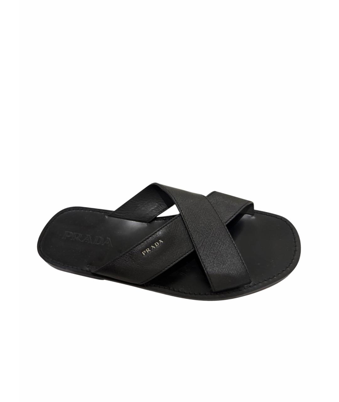 PRADA Черные кожаные шлепанцы, фото 1