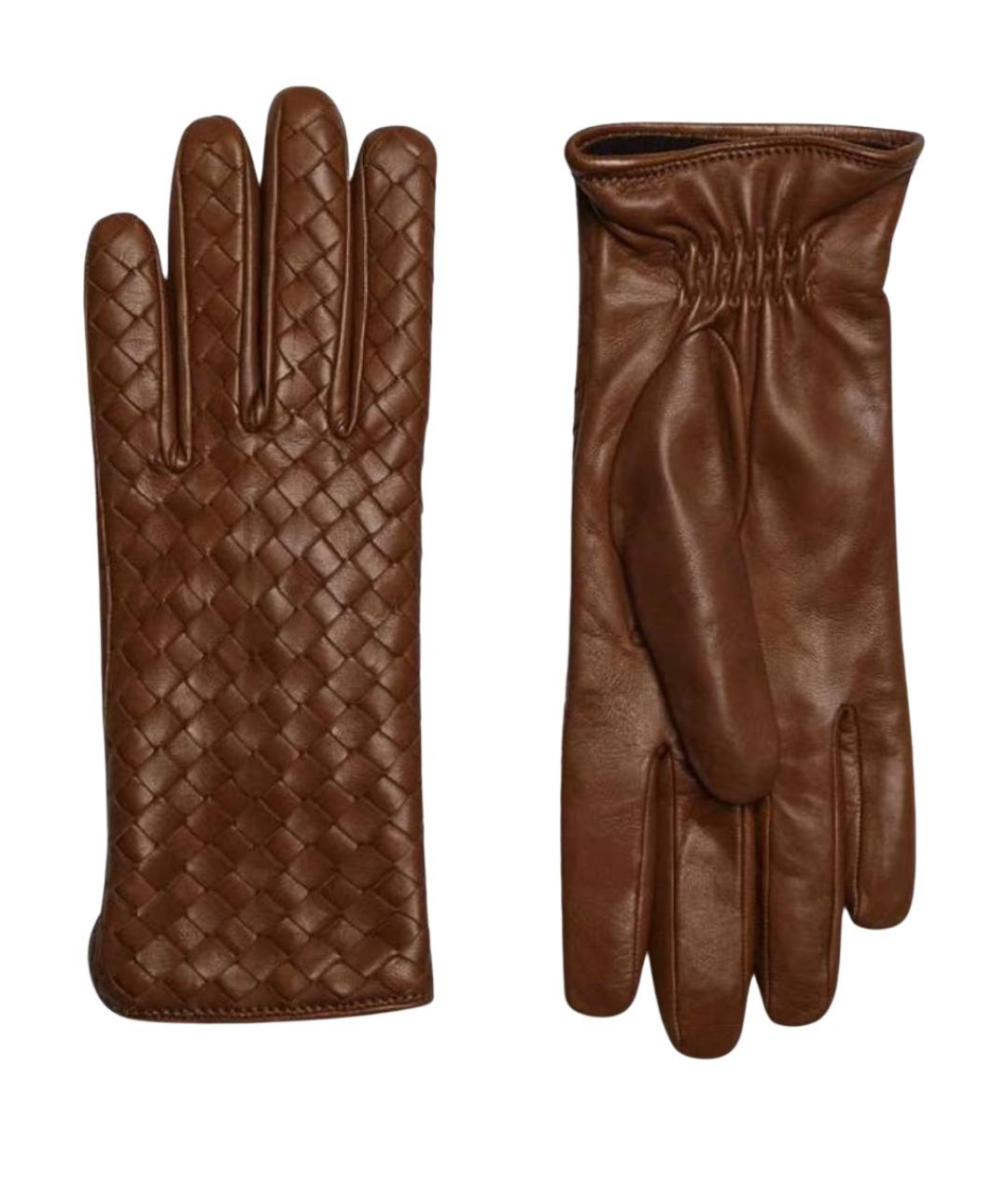 BOTTEGA VENETA Коричневые кожаные перчатки, фото 1