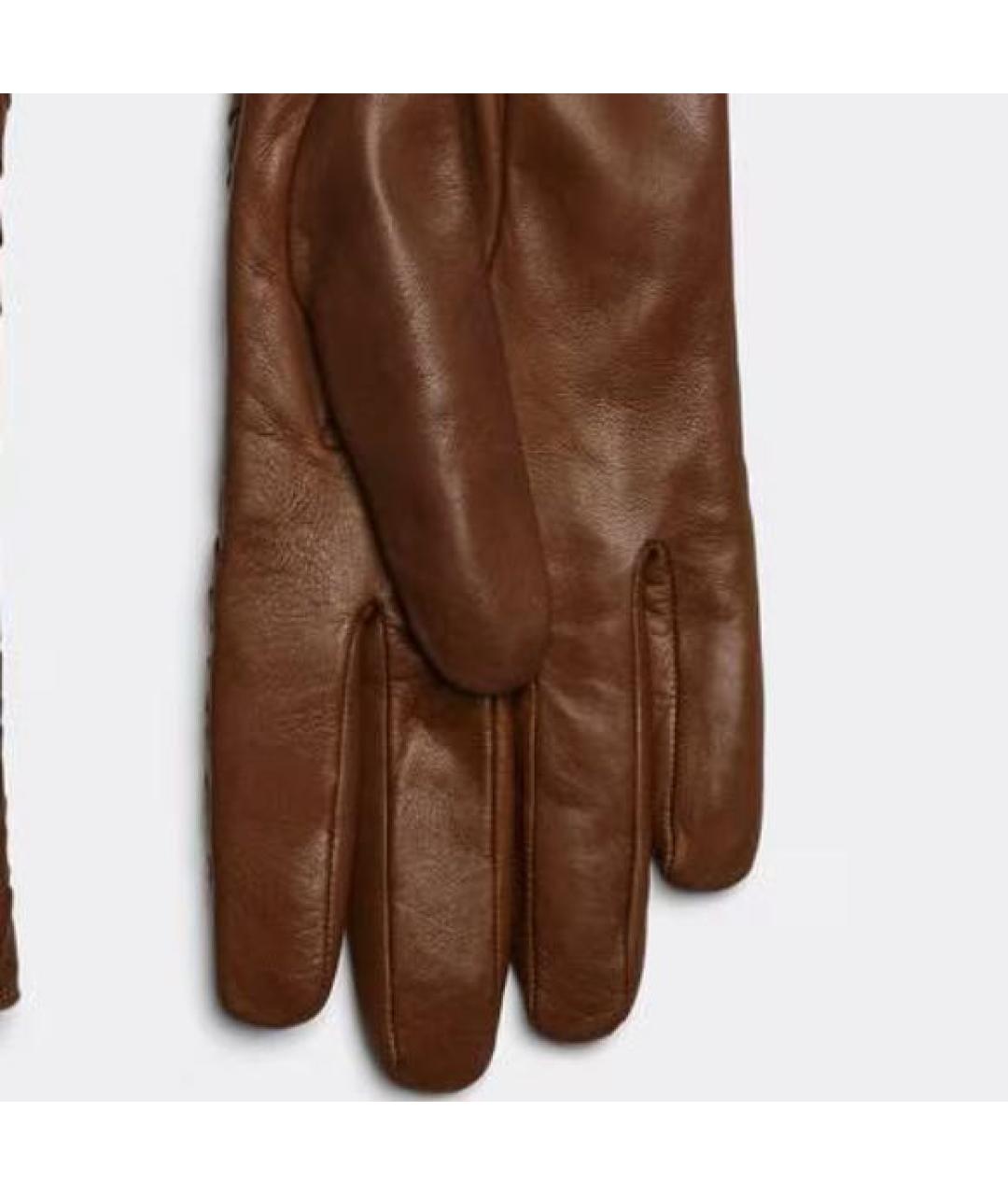BOTTEGA VENETA Коричневые кожаные перчатки, фото 2