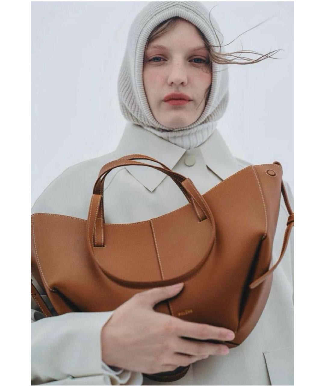 POLENE Коричневая кожаная сумка с короткими ручками, фото 5