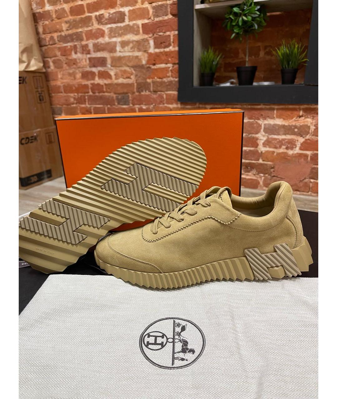 HERMES Бежевые замшевые низкие кроссовки / кеды, фото 2