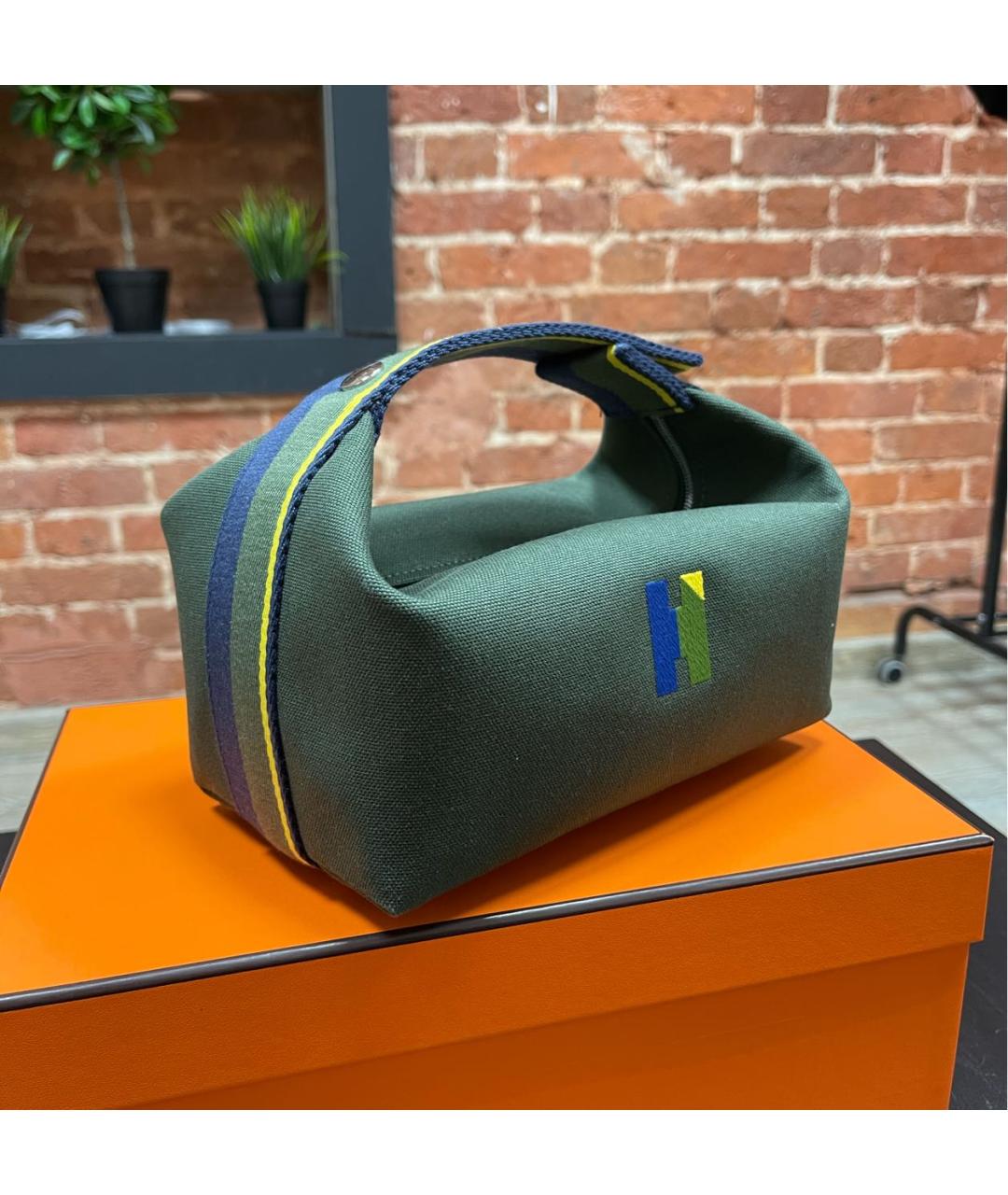 HERMES Зеленая хлопковая косметичка, фото 2