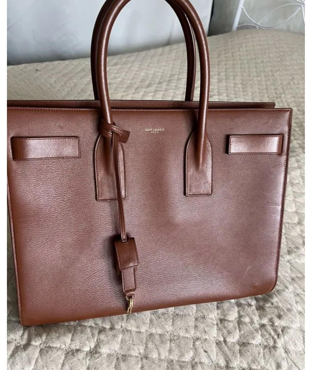 SAINT LAURENT Коричневая кожаная сумка с короткими ручками, фото 3