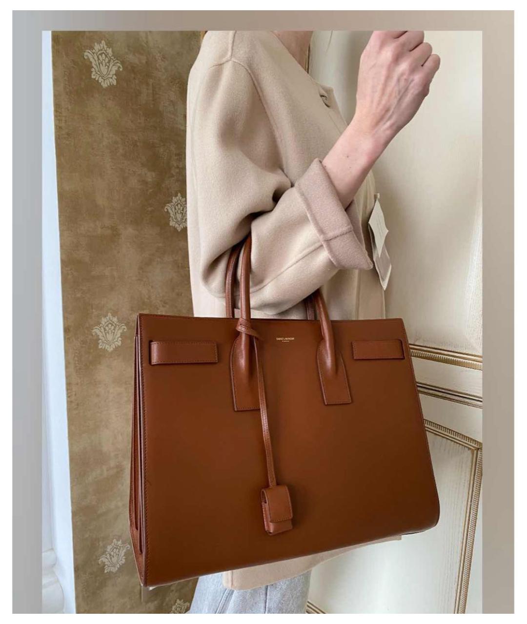 SAINT LAURENT Коричневая кожаная сумка с короткими ручками, фото 8