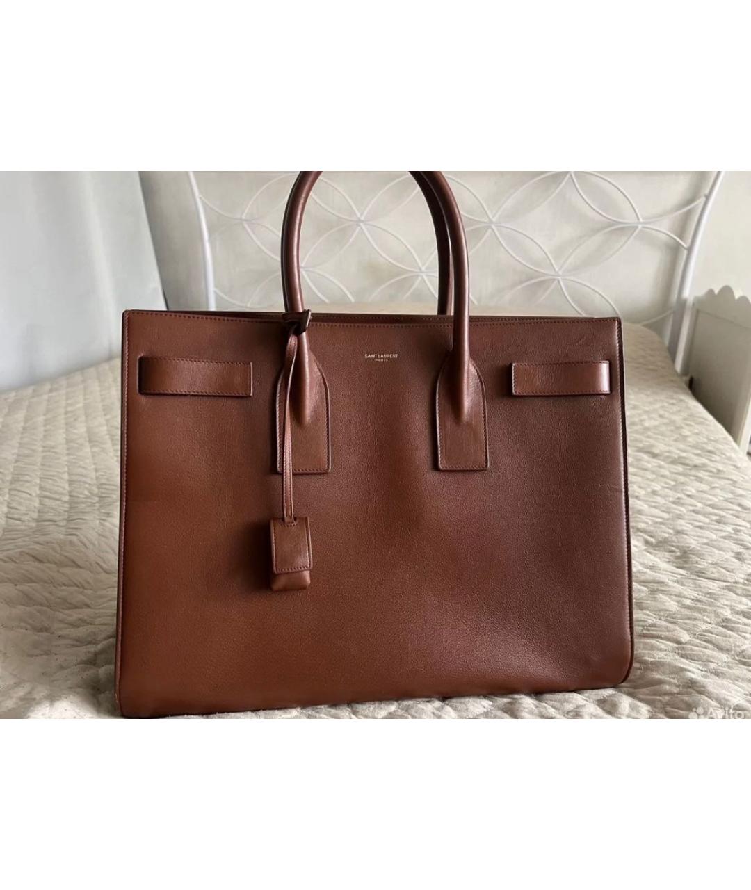 SAINT LAURENT Коричневая кожаная сумка с короткими ручками, фото 2