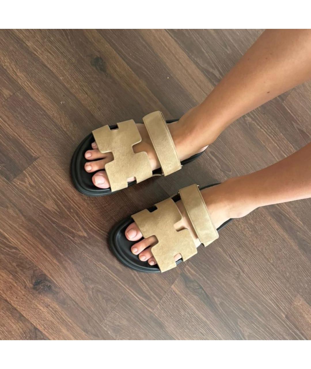 HERMES Бежевые замшевые шлепанцы, фото 4