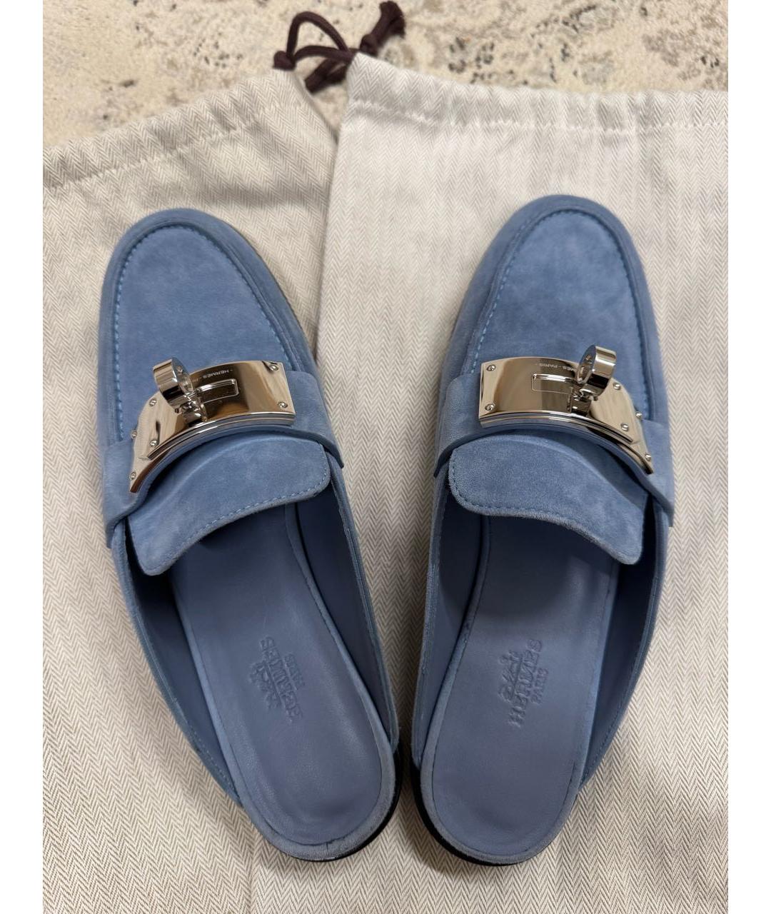 HERMES Голубые замшевые сабо, фото 3