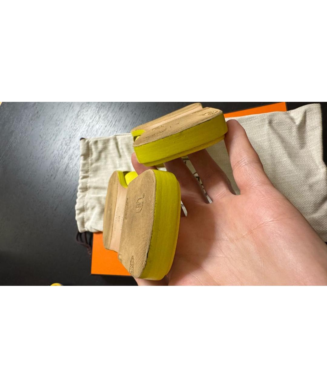 HERMES Желтые кожаные шлепанцы, фото 6