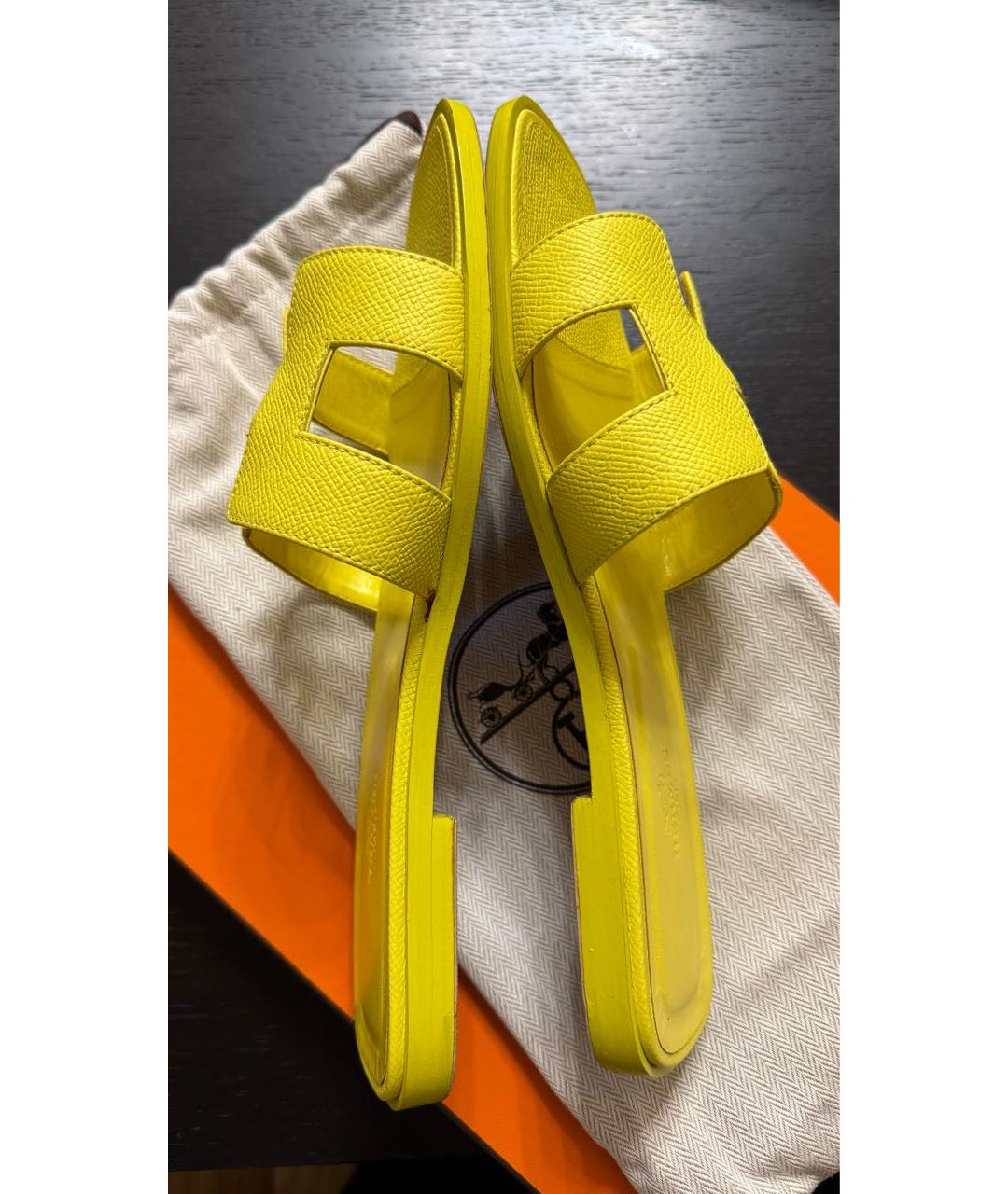 HERMES Желтые кожаные шлепанцы, фото 7