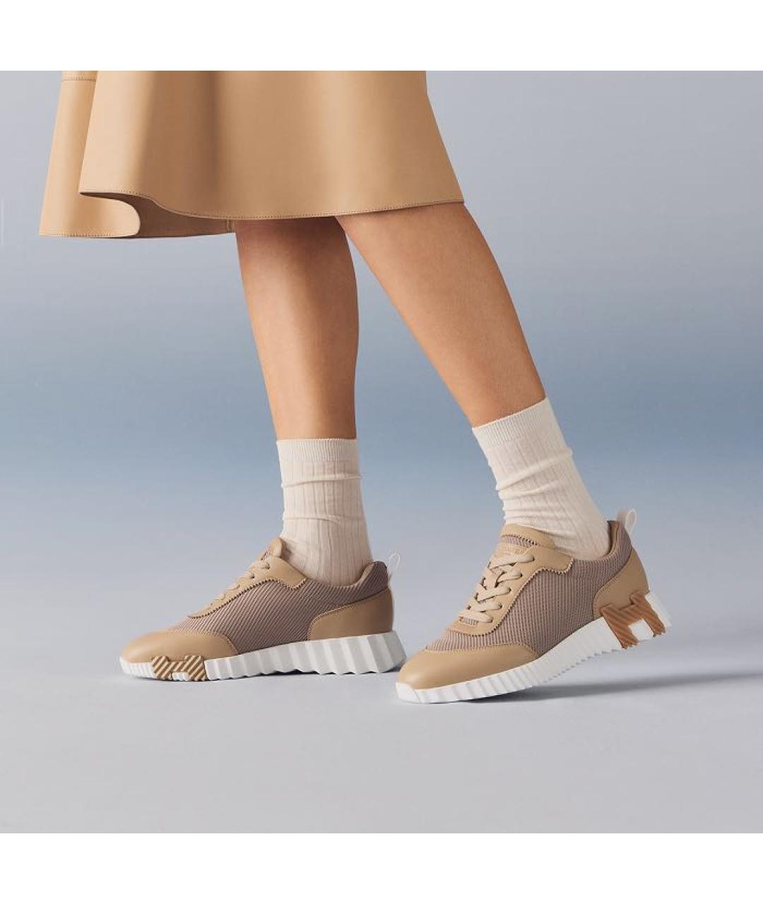 HERMES Бежевые кожаные кроссовки, фото 2