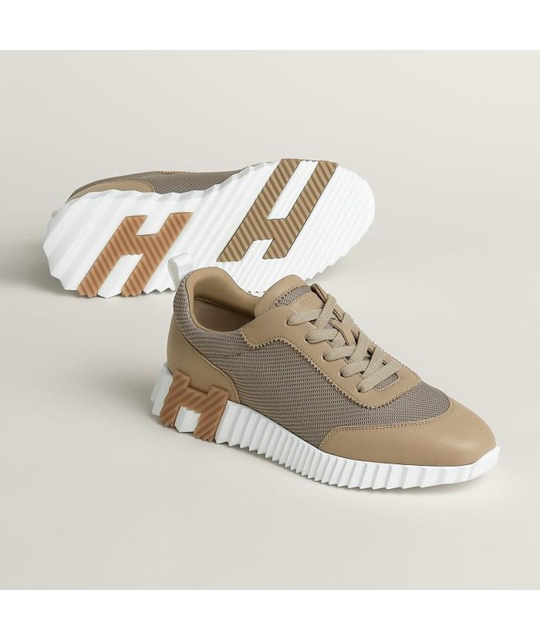 HERMES Бежевые кожаные кроссовки, фото 3