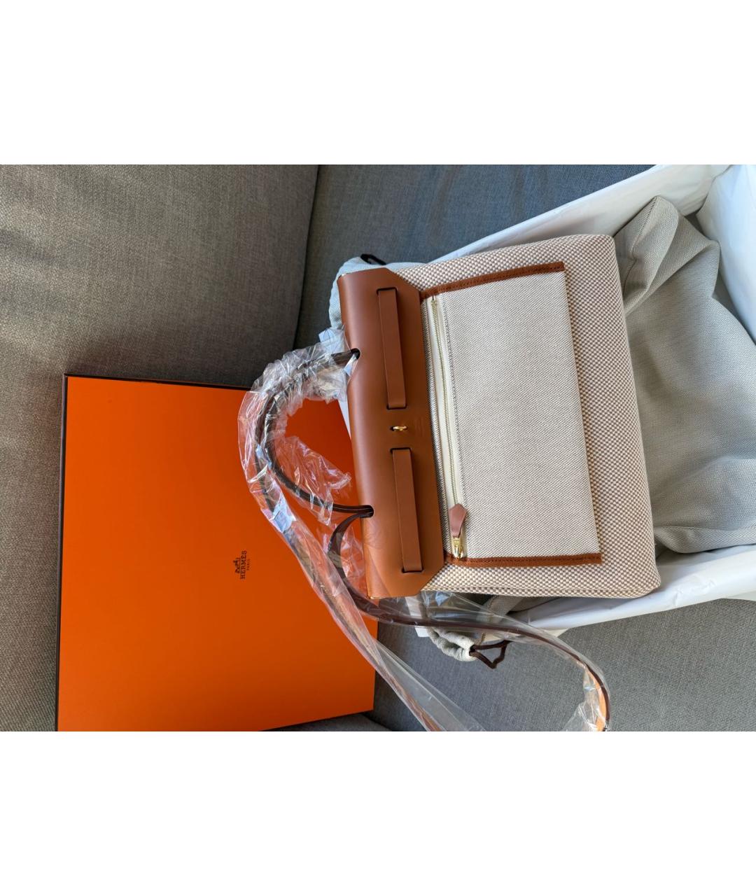 HERMES Бежевая тканевая сумка с короткими ручками, фото 6