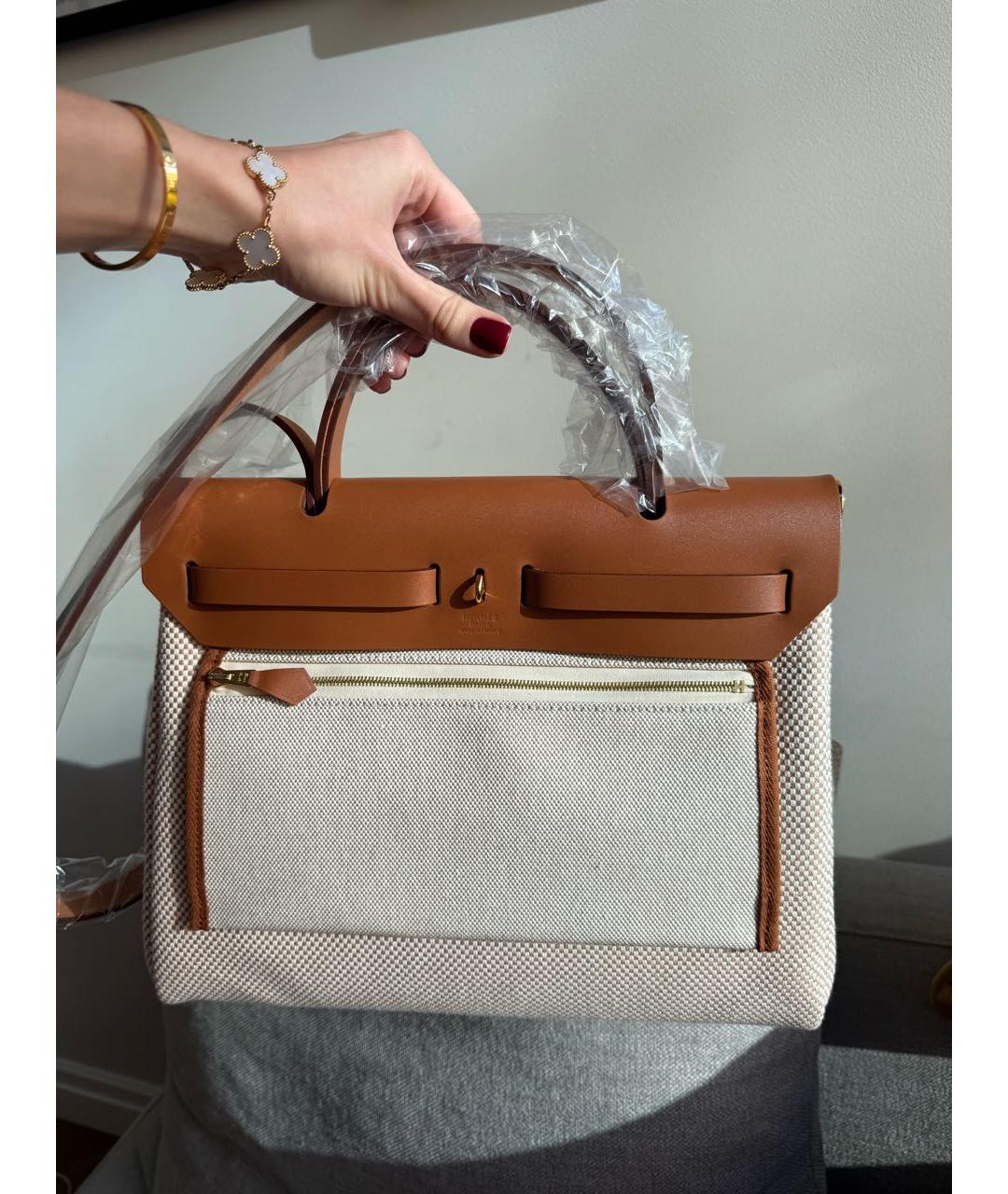 HERMES Бежевая тканевая сумка с короткими ручками, фото 3