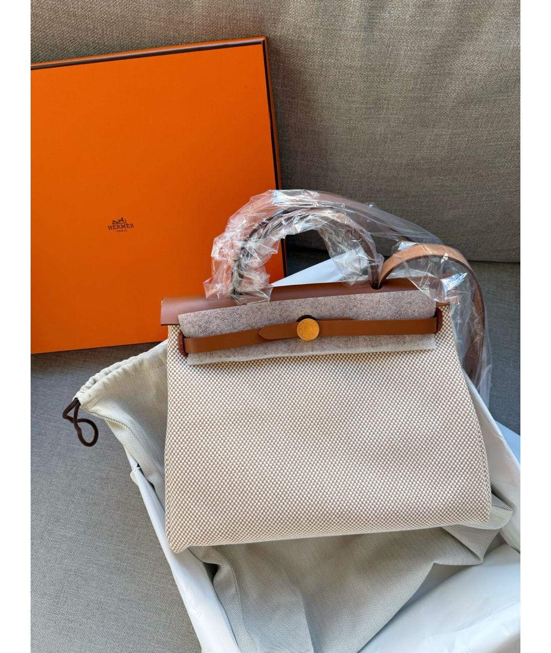HERMES Бежевая тканевая сумка с короткими ручками, фото 8