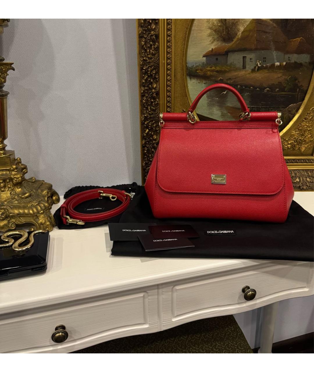 DOLCE&GABBANA Красная кожаная сумка с короткими ручками, фото 2