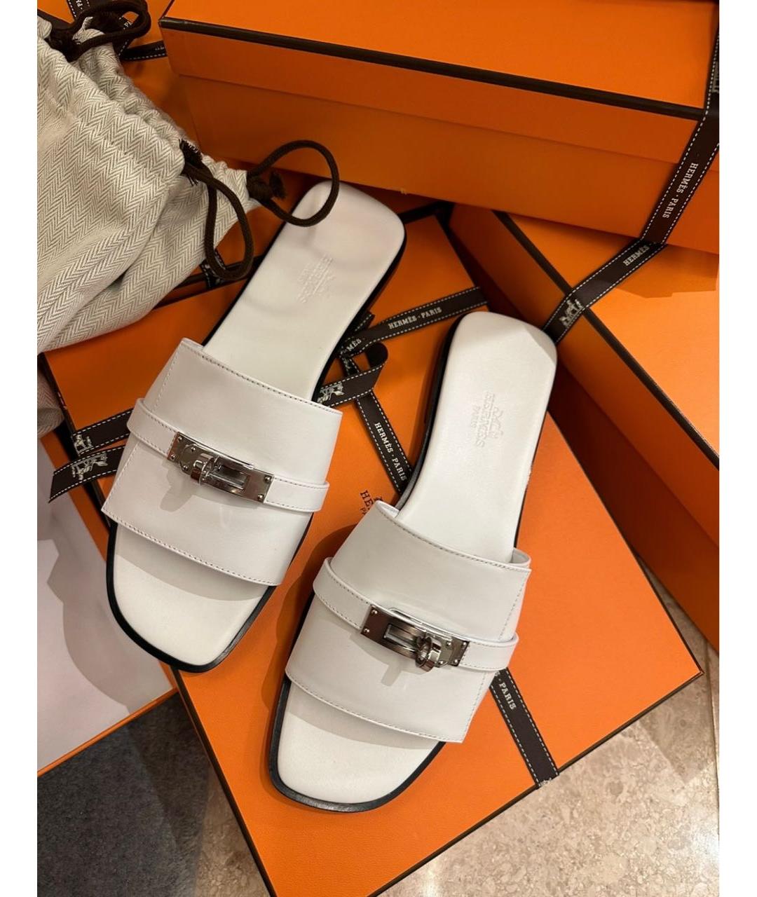 HERMES Белые кожаные шлепанцы, фото 2