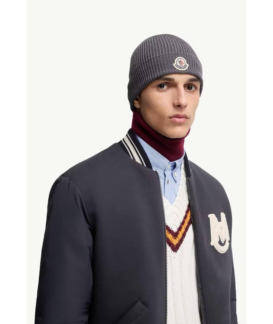 MONCLER Серая шерстяная шапка, фото 4