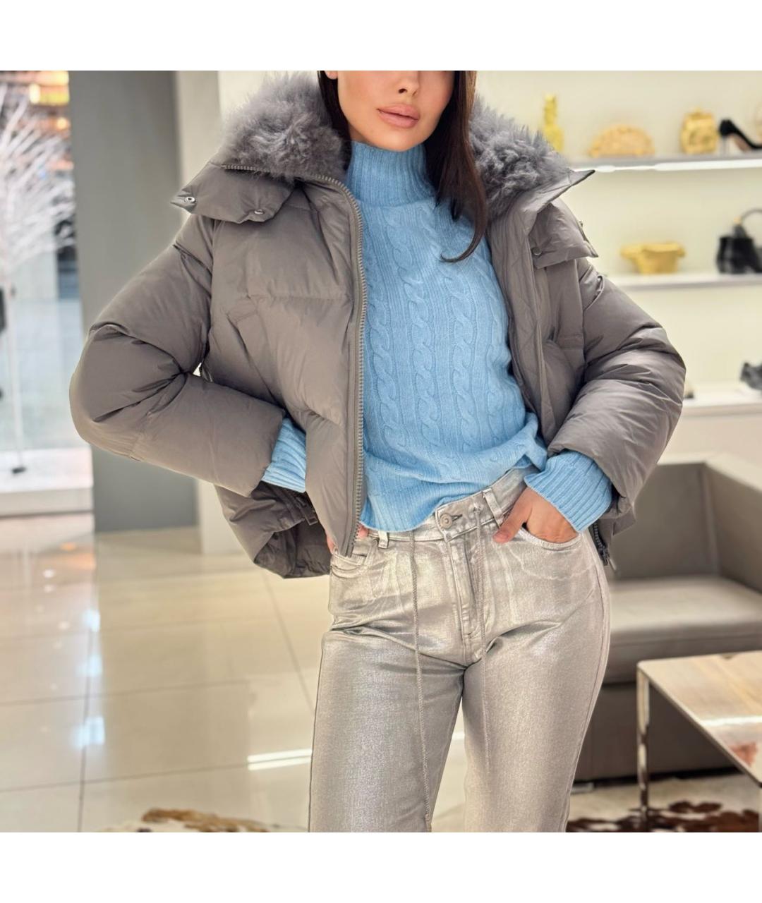 YVES SALOMON Серый полиэстеровый пуховик, фото 6