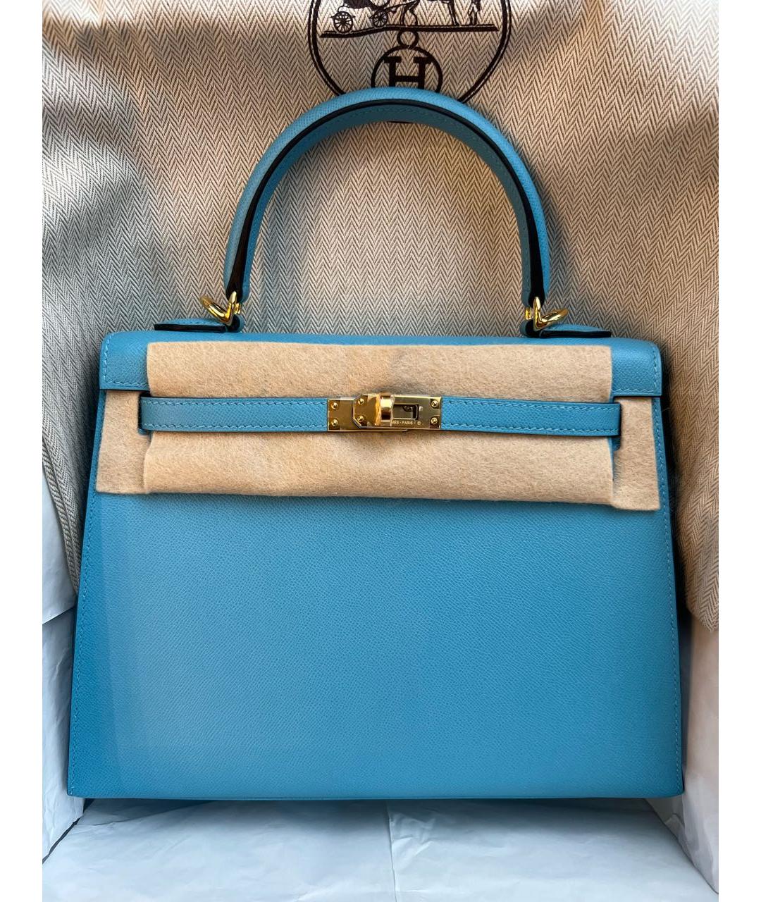 HERMES Голубая кожаная сумка с короткими ручками, фото 5