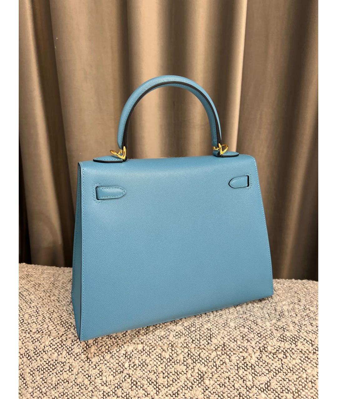HERMES Голубая кожаная сумка с короткими ручками, фото 3