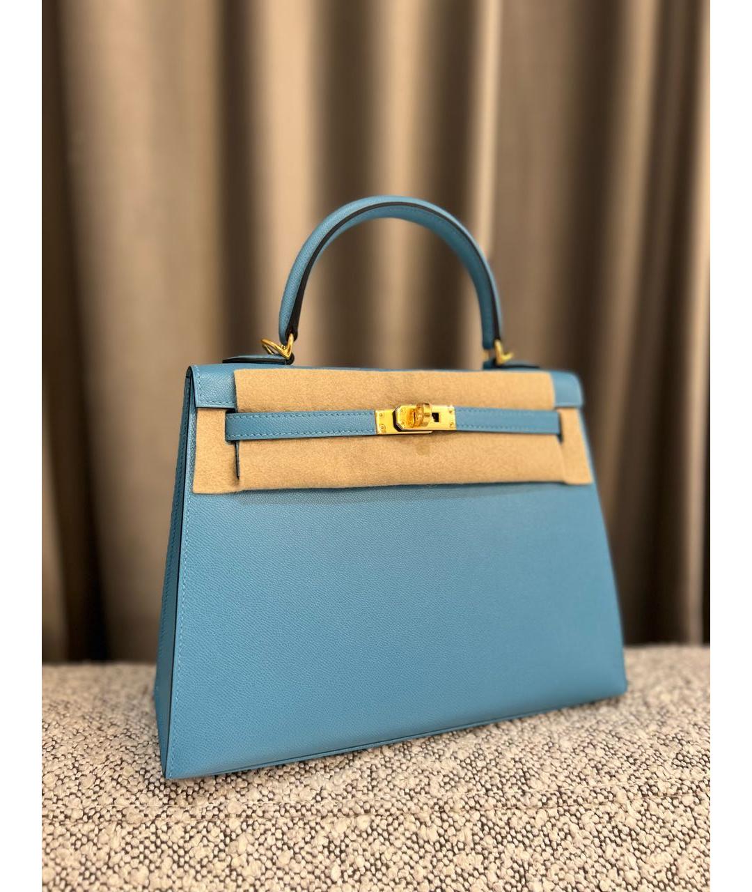 HERMES Голубая кожаная сумка с короткими ручками, фото 4