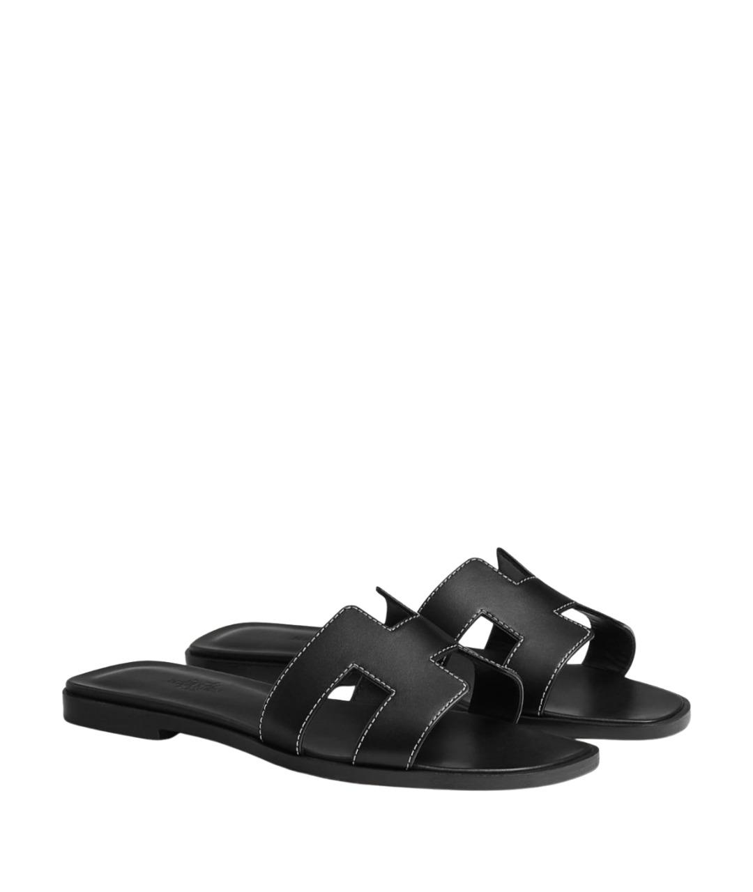HERMES Черные кожаные шлепанцы, фото 1