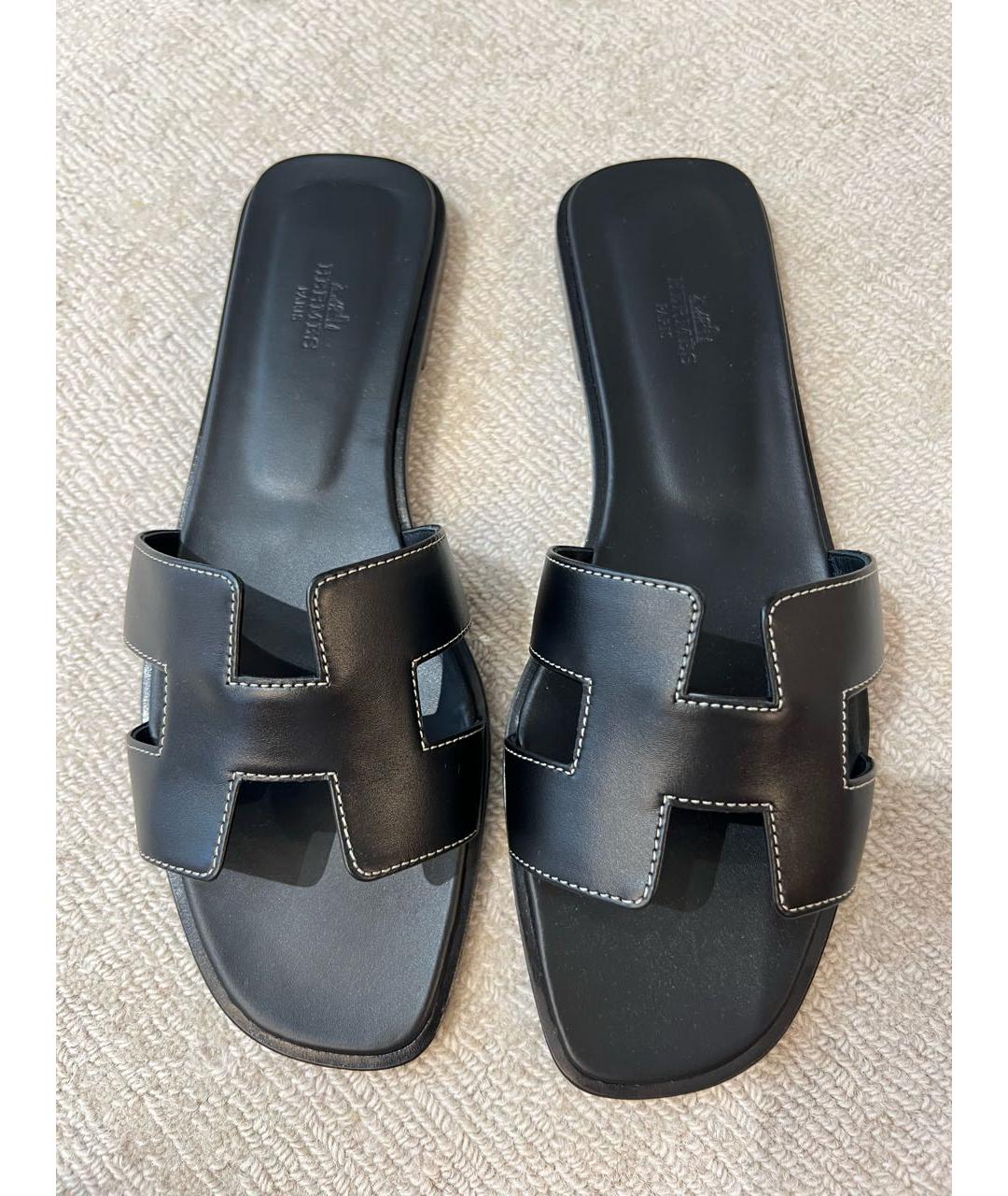 HERMES Черные кожаные шлепанцы, фото 2