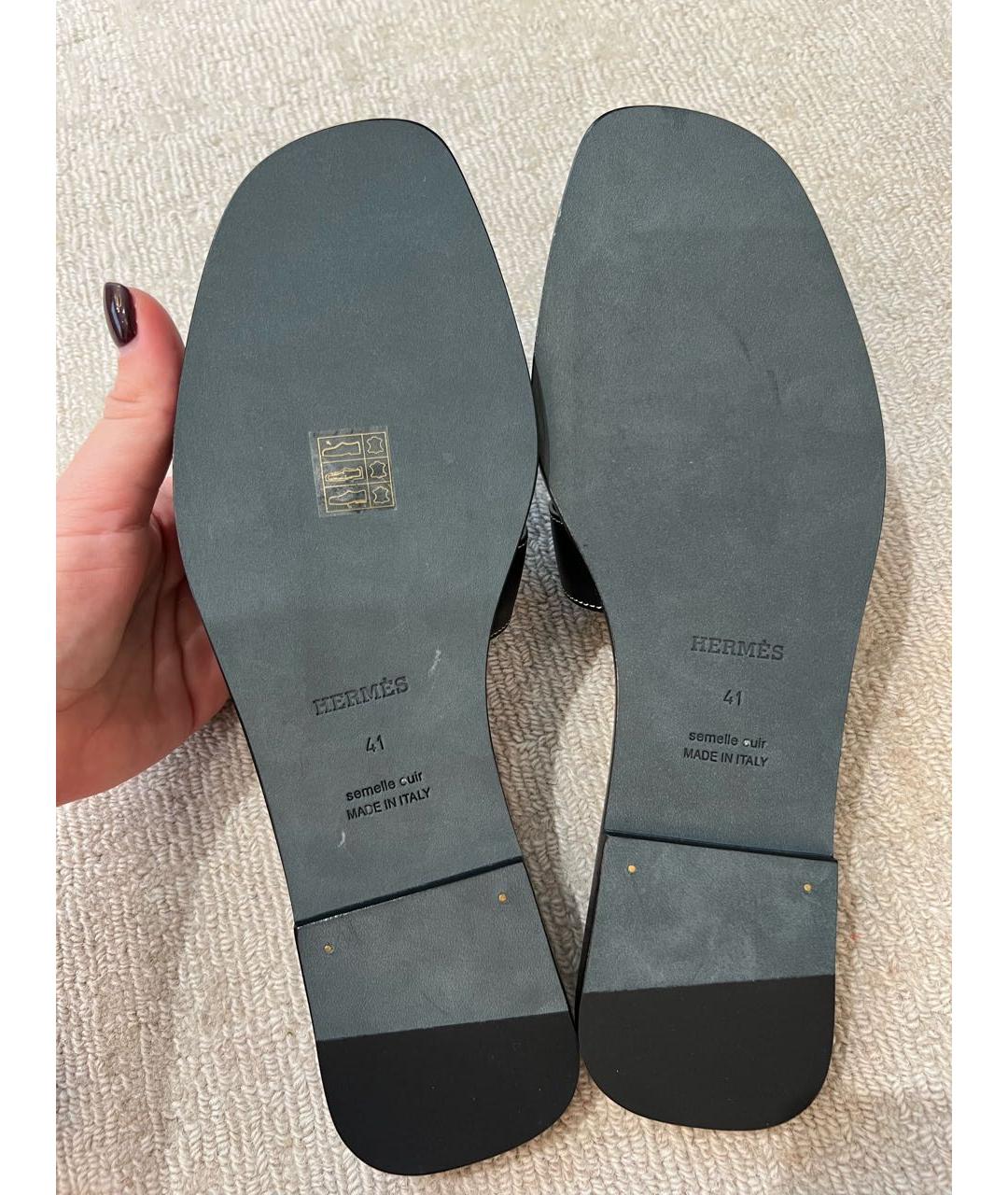 HERMES Черные кожаные шлепанцы, фото 3