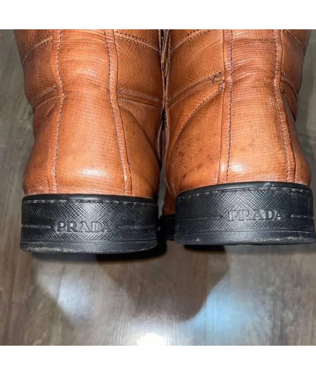 PRADA Коричневые кожаные высокие кроссовки / кеды, фото 3