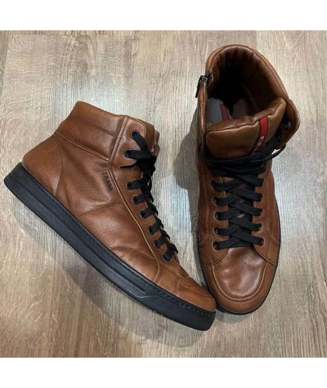 PRADA Коричневые кожаные высокие кроссовки / кеды, фото 7