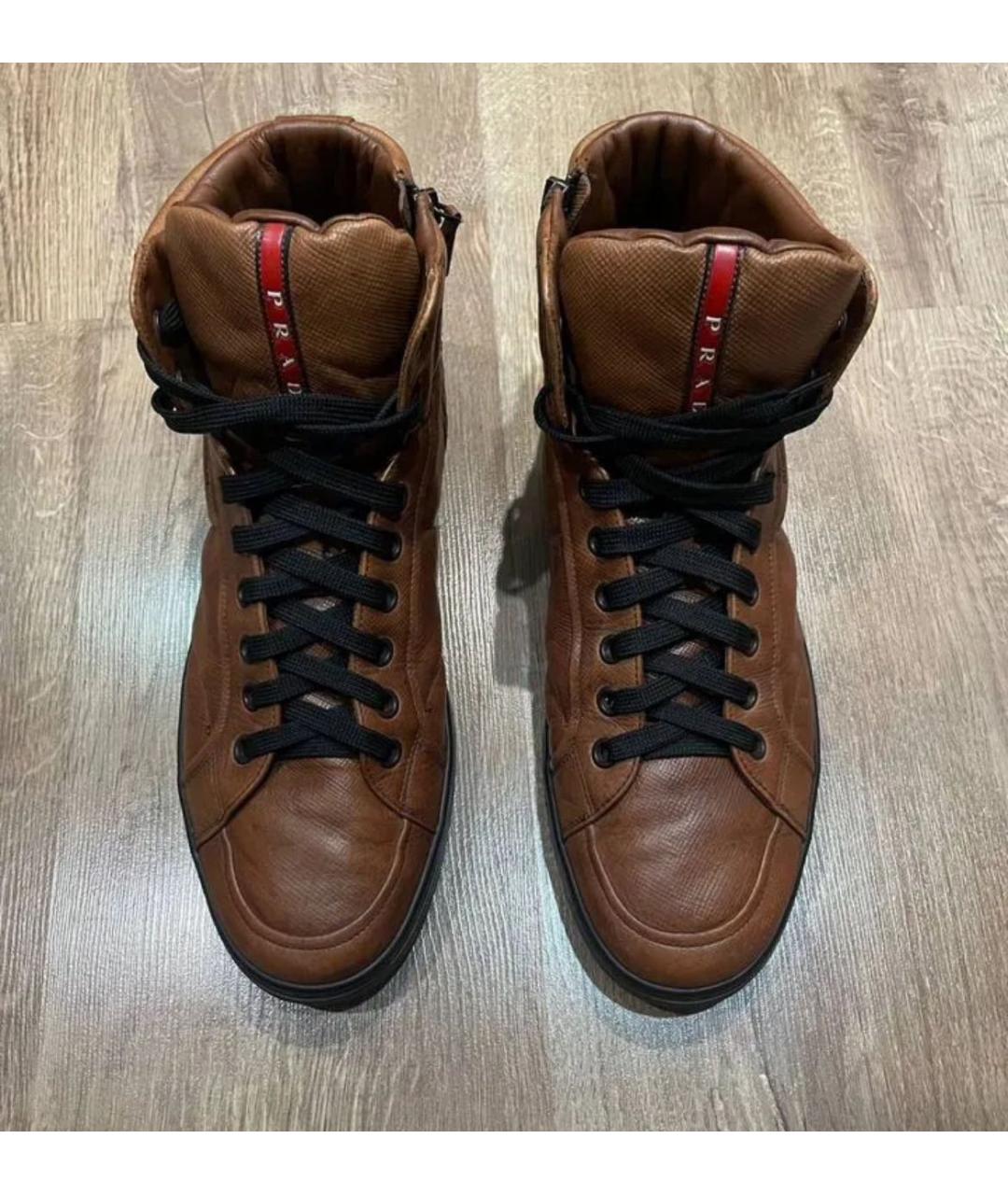 PRADA Коричневые кожаные высокие кроссовки / кеды, фото 2