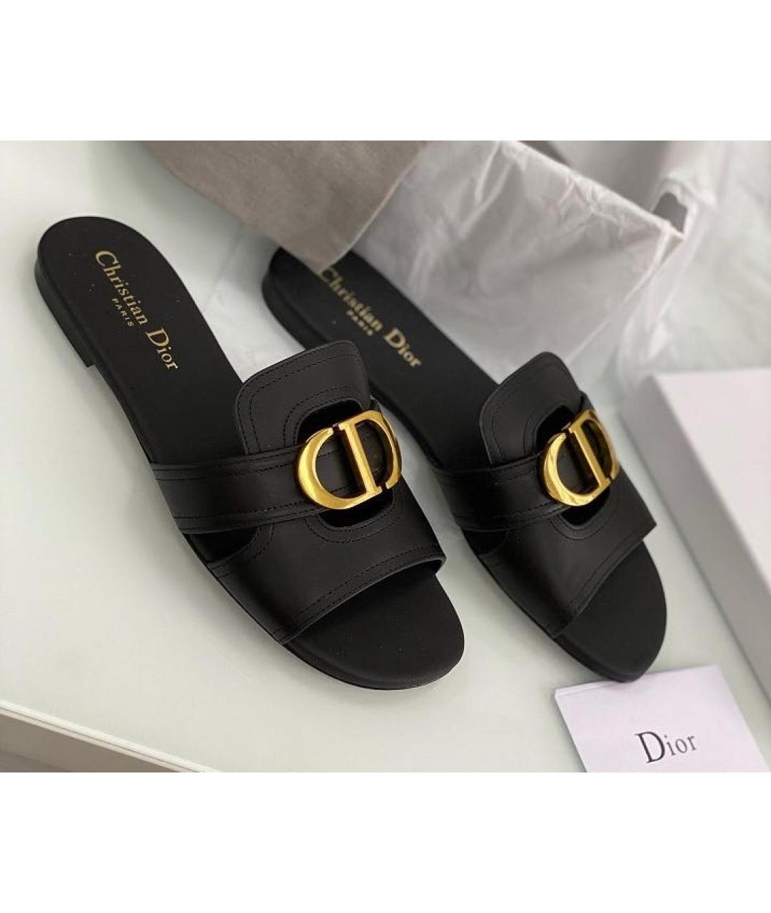 CHRISTIAN DIOR Черные кожаные шлепанцы, фото 6