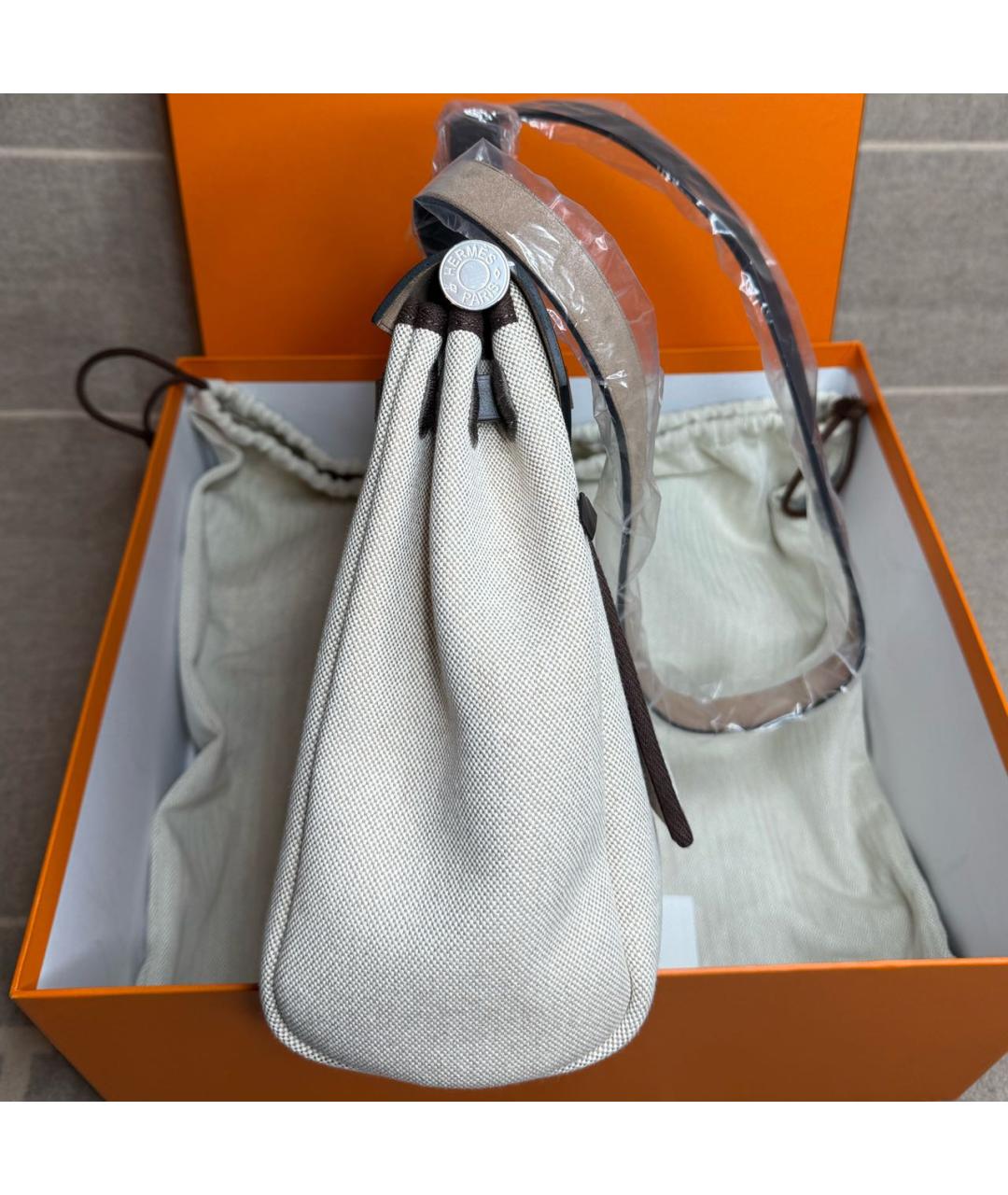 HERMES Коричневая тканевая сумка с короткими ручками, фото 6