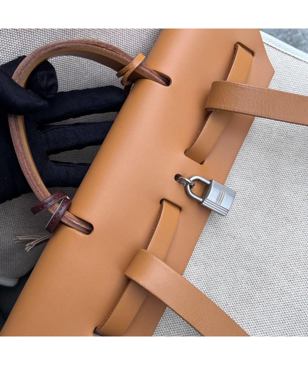 HERMES Бежевая тканевая сумка с короткими ручками, фото 4