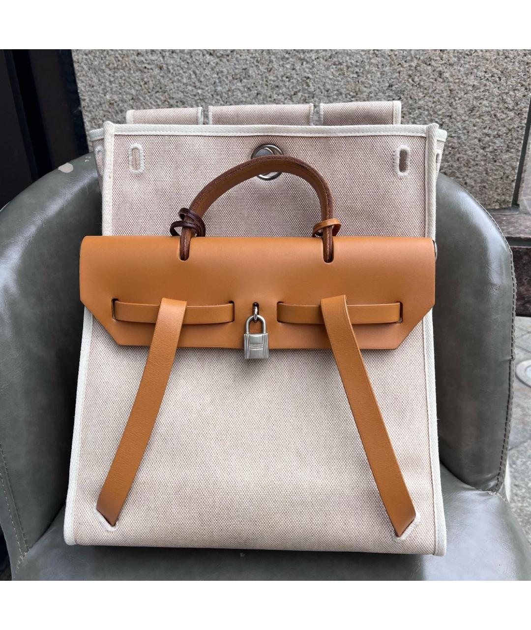 HERMES Бежевая тканевая сумка с короткими ручками, фото 2