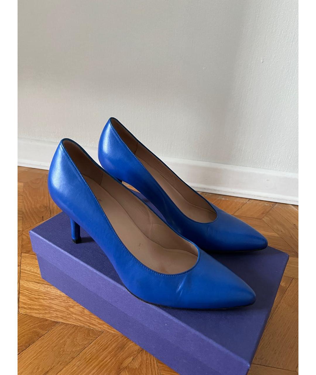 STUART WEITZMAN Синие кожаные лодочки на низком каблуке, фото 8