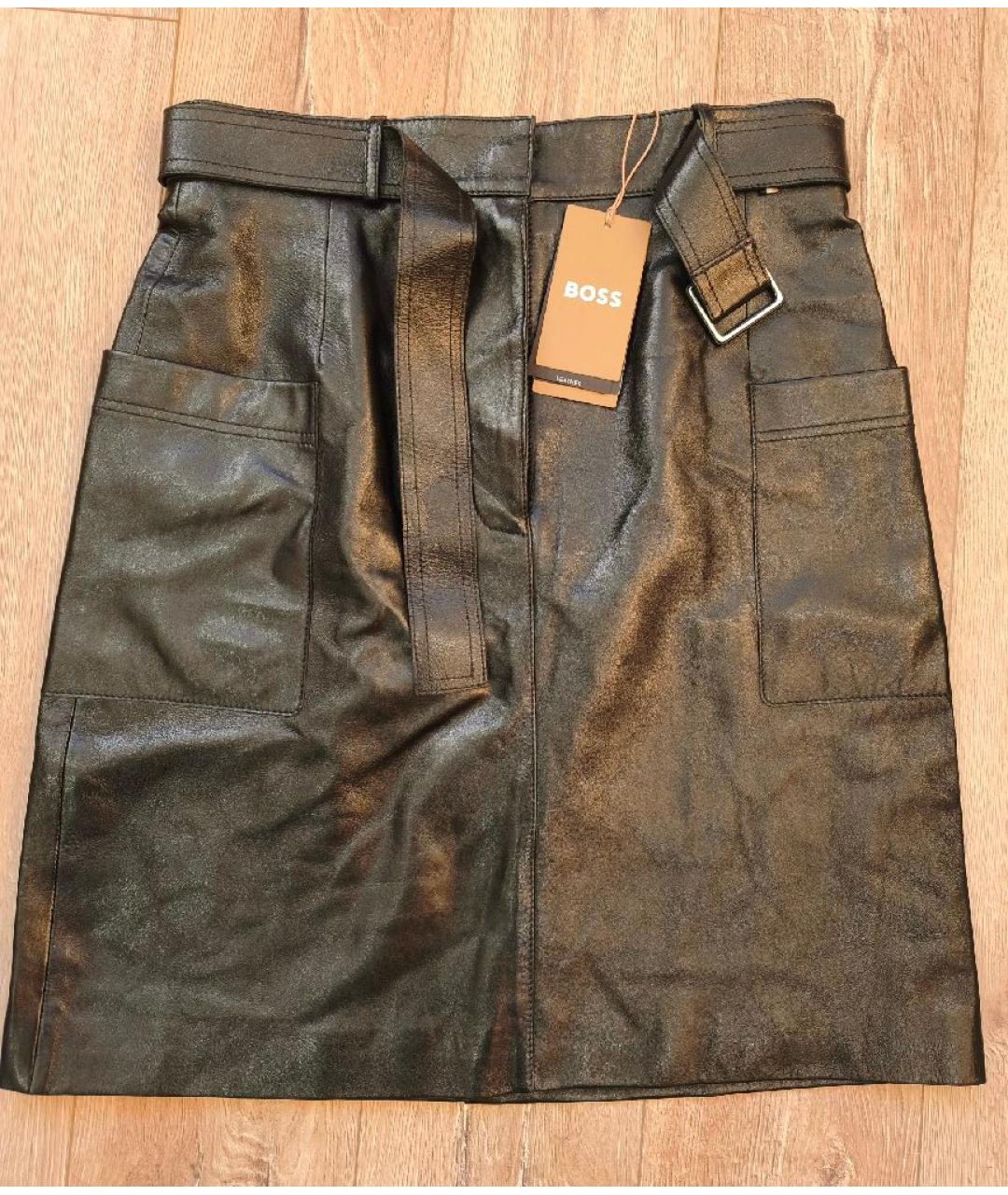 HUGO BOSS Черная кожаная юбка миди, фото 3