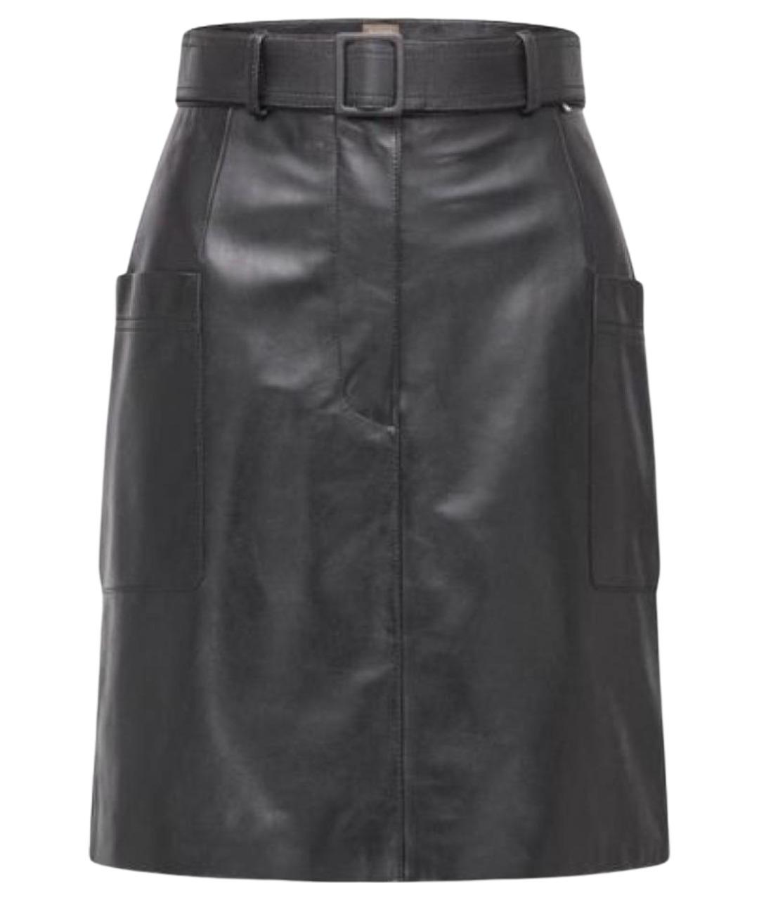 HUGO BOSS Черная кожаная юбка миди, фото 1
