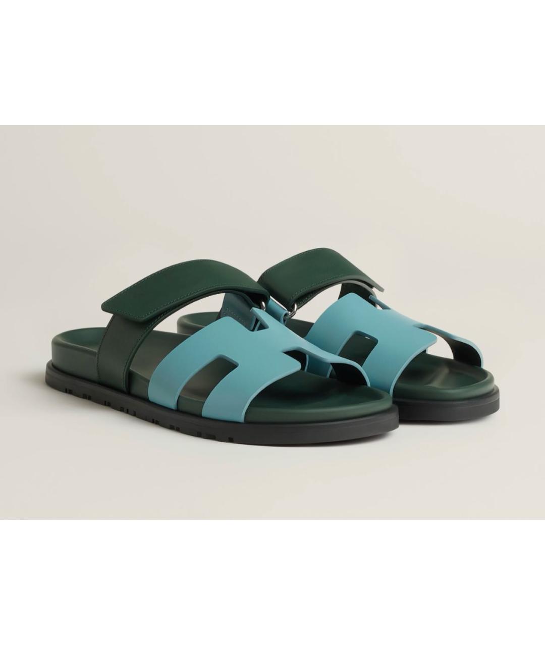 HERMES Зеленые кожаные шлепанцы, фото 2