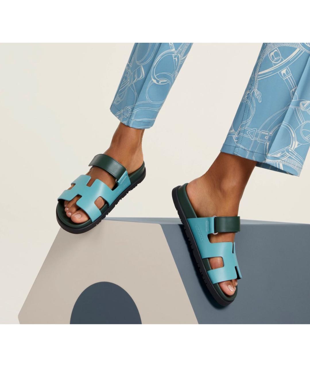 HERMES Зеленые кожаные шлепанцы, фото 3