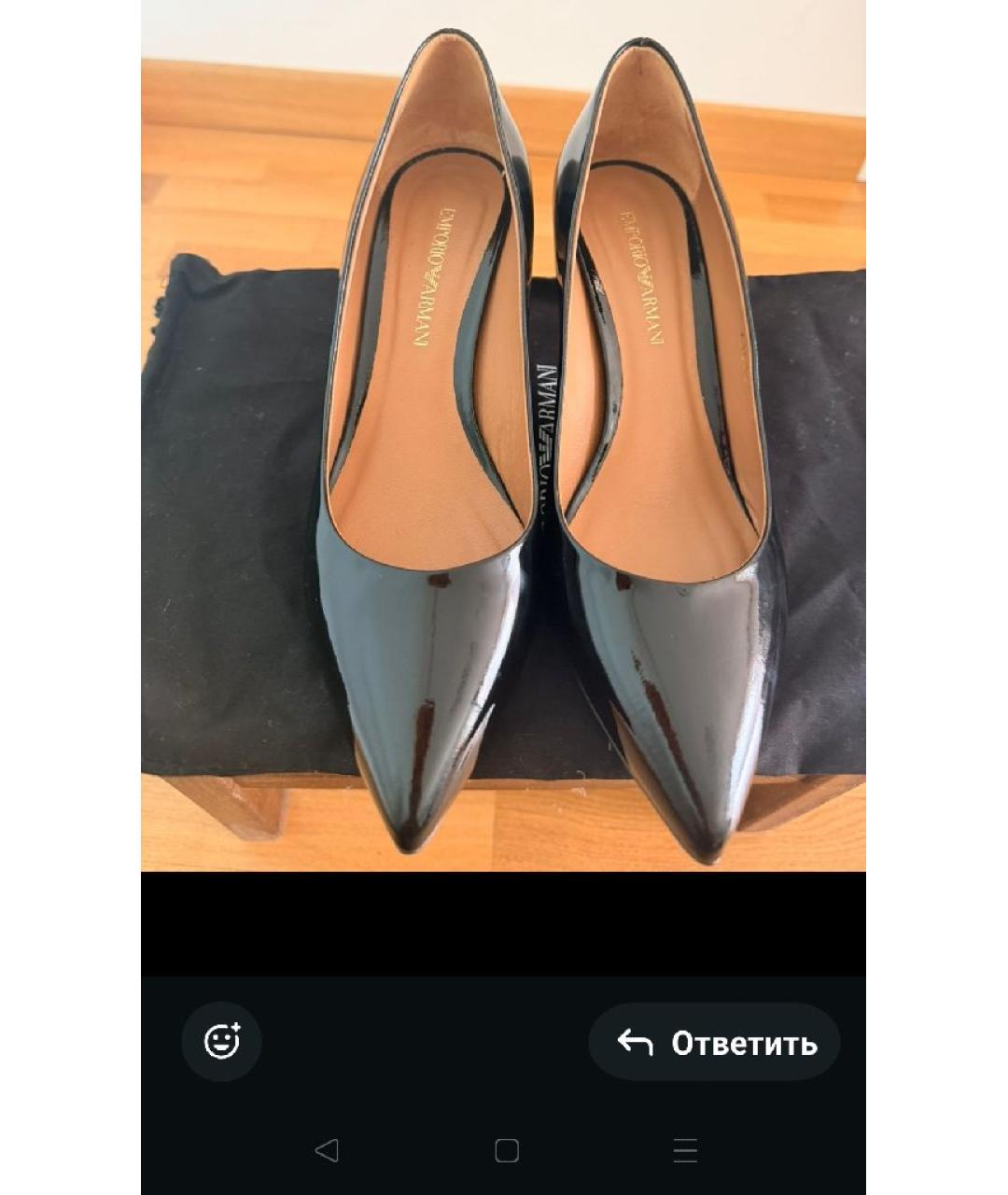 EMPORIO ARMANI Черные лодочки на низком каблуке из лакированной кожи, фото 2