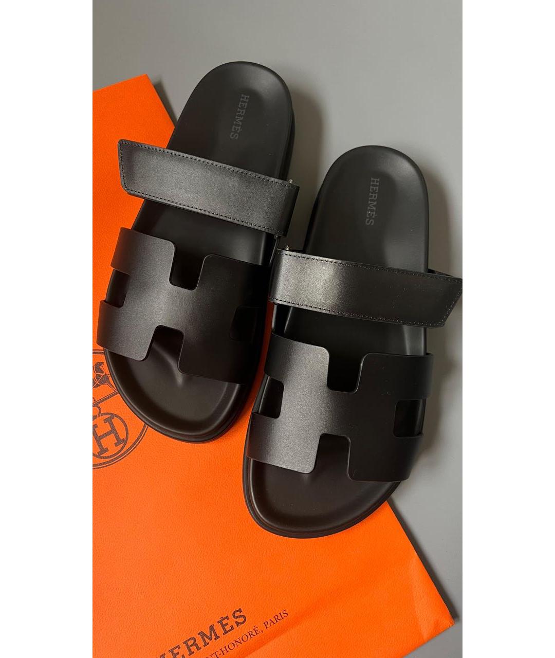 HERMES Черные кожаные шлепанцы, фото 3