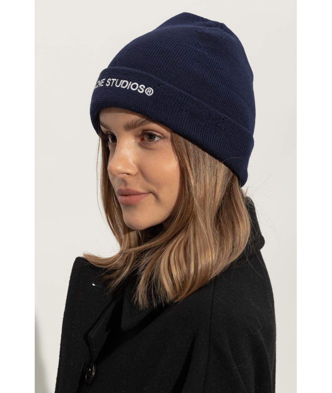 ACNE STUDIOS Темно-синяя хлопковая шапка, фото 3