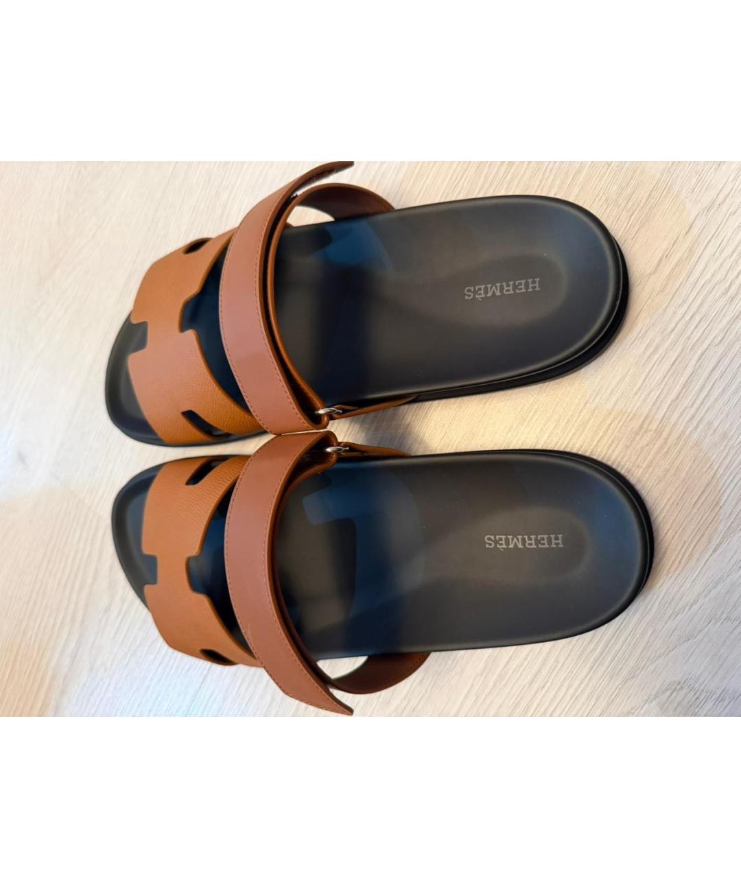 HERMES Коричневые кожаные шлепанцы, фото 2