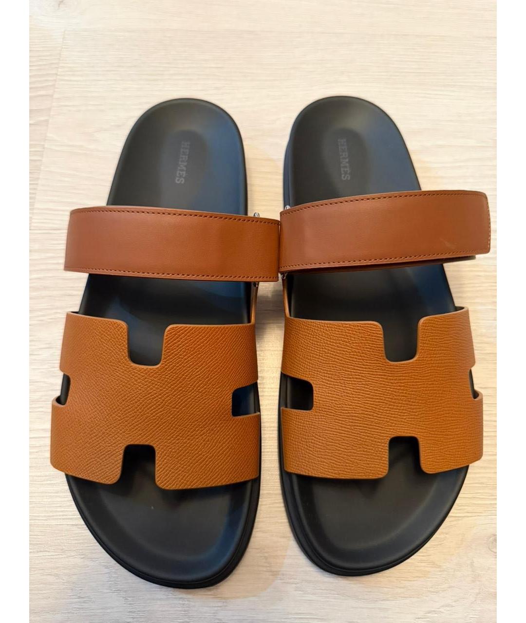 HERMES Коричневые кожаные шлепанцы, фото 3